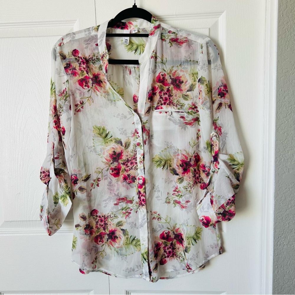 Kut from the Kloth Floral Blouse - White and Pink